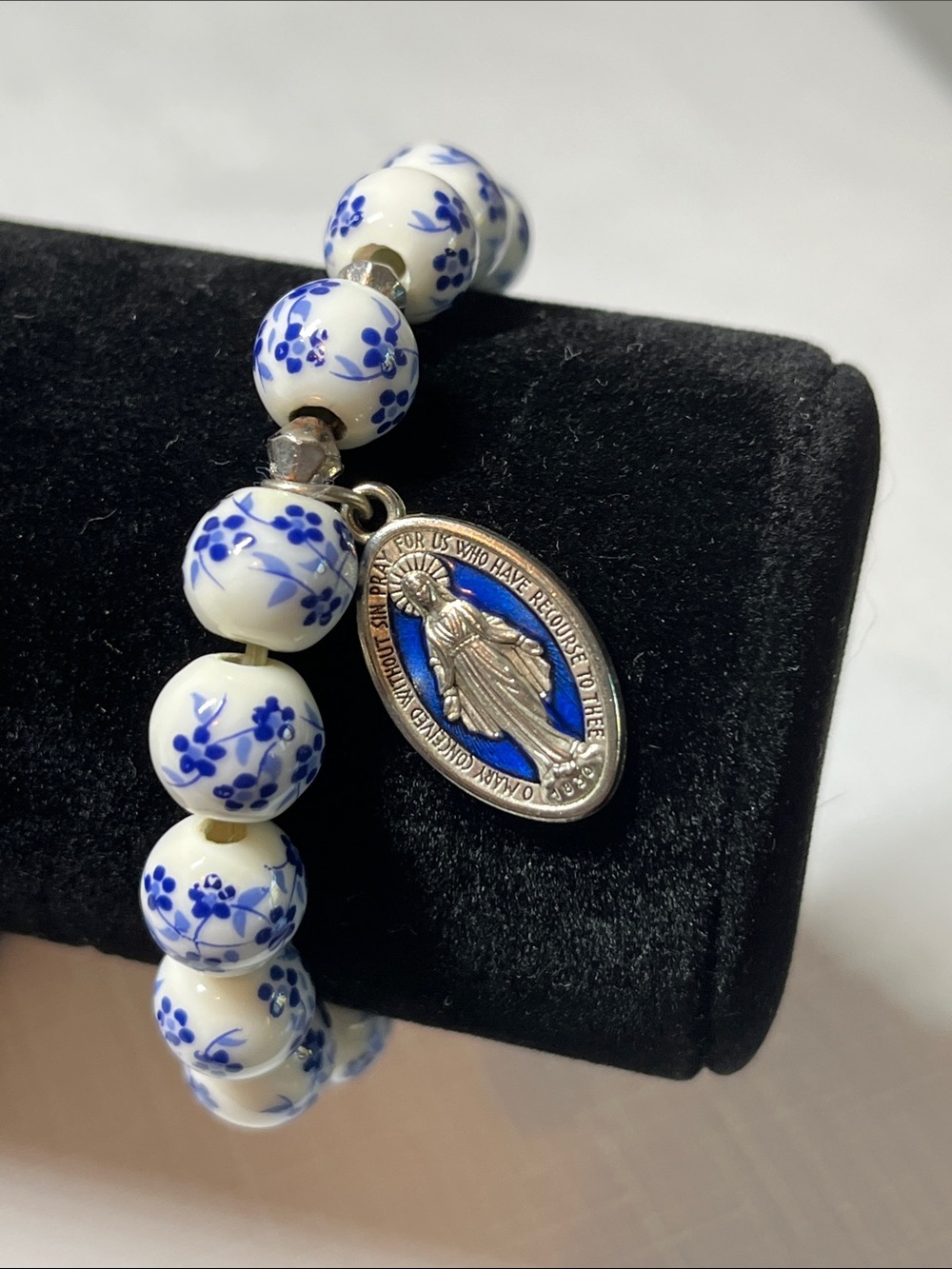 Blue & White Floral Beaded Bracelet with Miraculous Medal